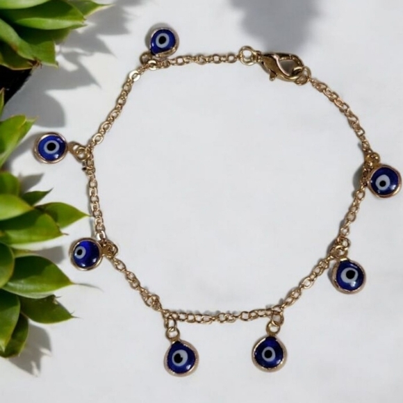 Blue Evil Eye Yellow Gold Tone Double Sided Glass Dangle Charm Dainty Bracelet - Picture 1 of 4
